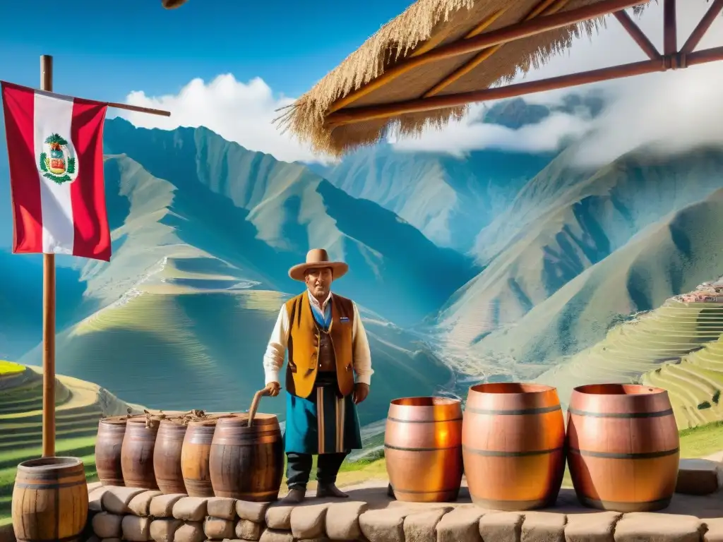 Destilería artesanal de pisco en Perú: tradición y color Artesanos peruanos elaborando pisco en destilería tradicional