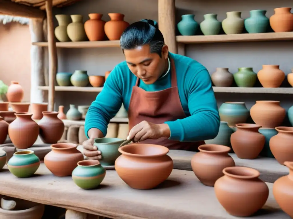 Artesanos creando utensilios cerámicos gastronomía peruana en taller tradicional con coloridas piezas de arcilla