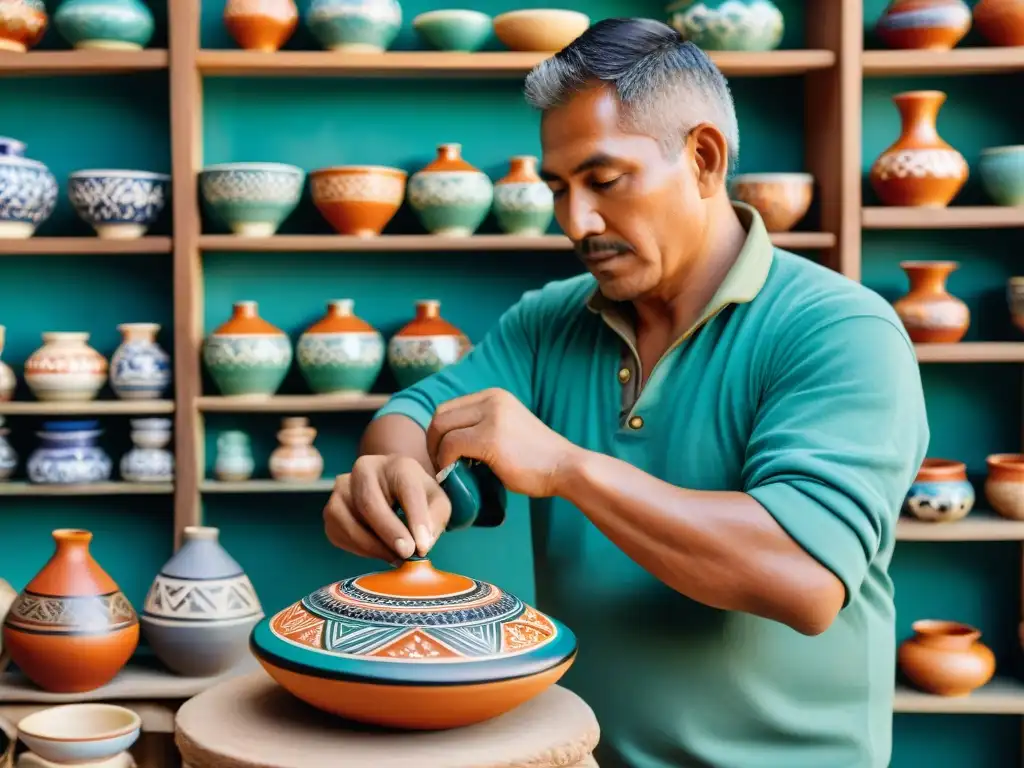 Artista en Chulucanas, Perú, pintando meticulosamente cerámica