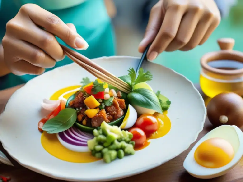 Un artista detalladamente pinta un ceviche peruano en acuarela