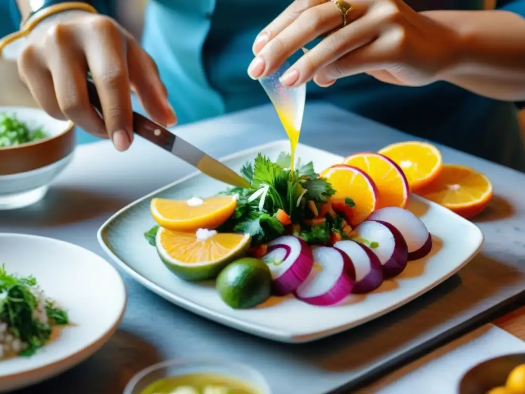 Un artista experto pinta un detallado plato peruano en acuarela, capturando la esencia con precisión y delicadeza