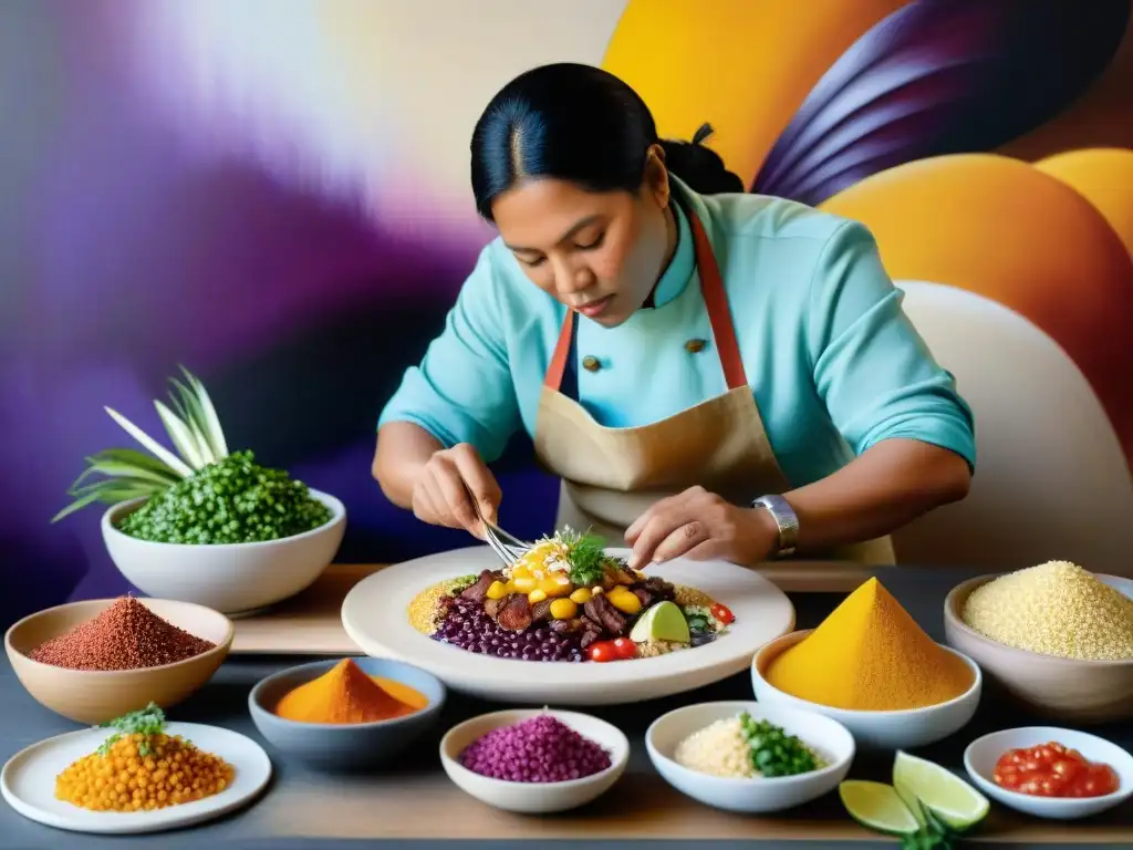 Un artista peruano experto pintando platos tradicionales con detalle, rodeado de ingredientes autóctonos