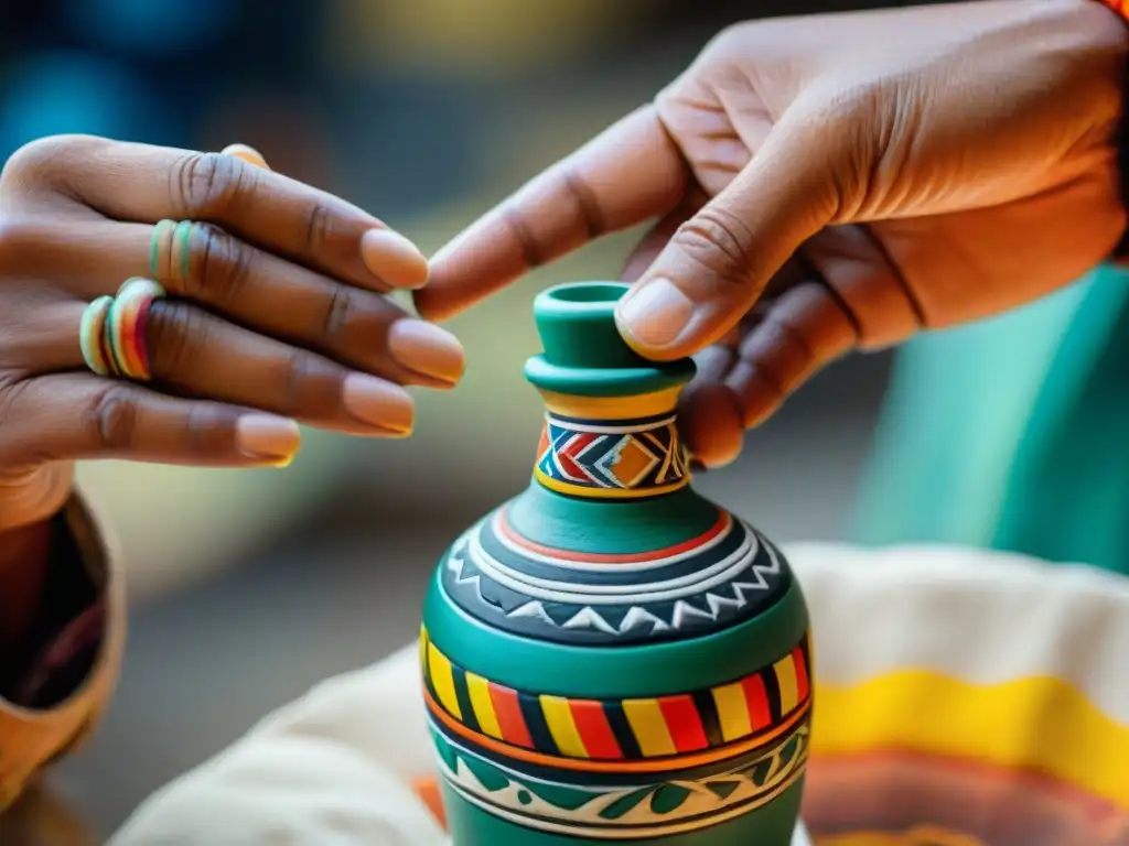 Un artista peruano inspirado por el pisco, diseña con destreza detalles en una botella de barro, fusionando tradición e innovación