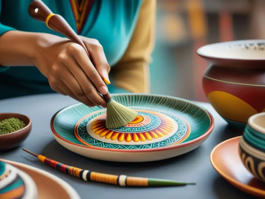 Un artista peruano meticuloso pinta diseños en un plato de cerámica, fusionando comida y arte visual