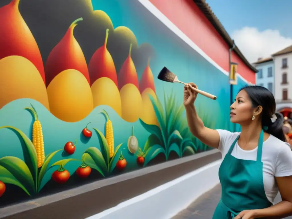 Un artista peruano crea un mural vibrante inspirado en la cocina tradicional, rodeado de espectadores asombrados