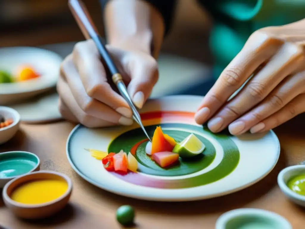 Artista pintando platos peruanos en miniatura con precisión y detalle asombrosos