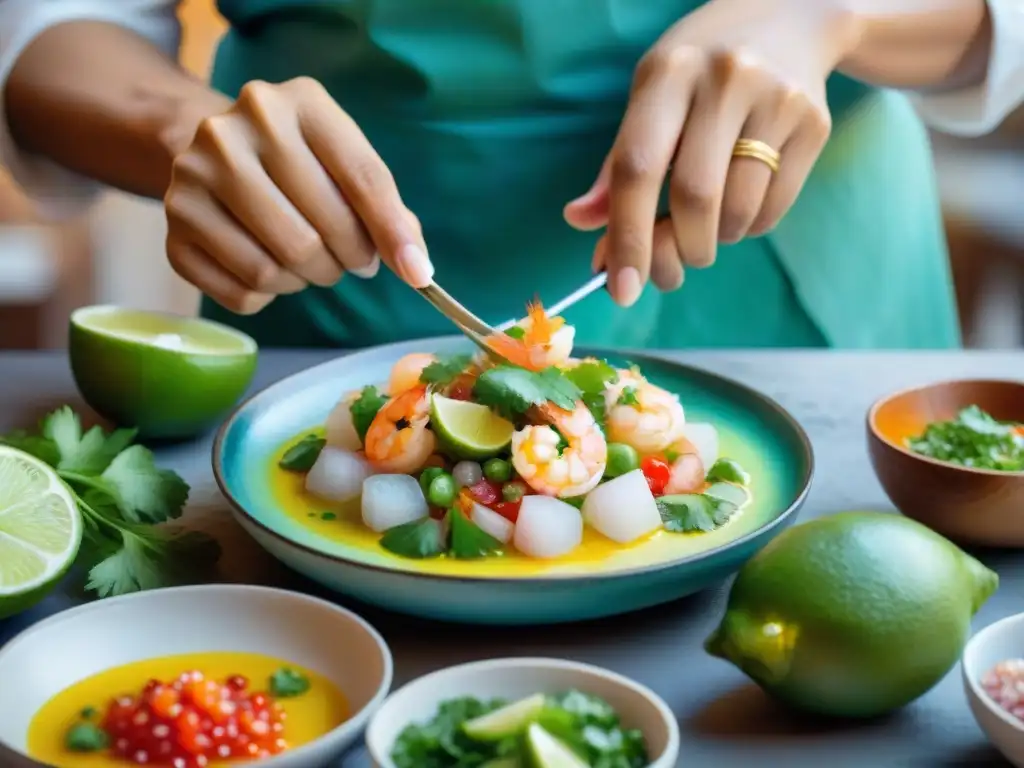 Un artista talentoso pinta un ceviche peruano en acuarela con detalle y pasión