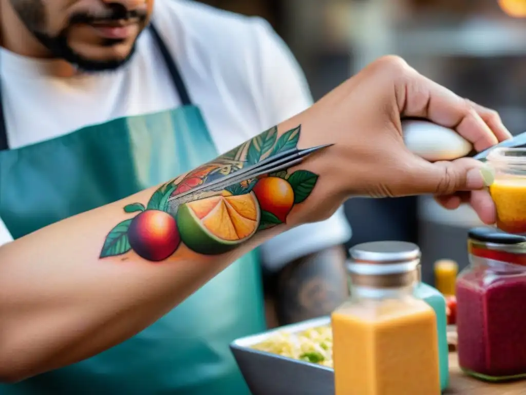 Un artista de tatuajes plasma con precisión una escena de comida peruana en la piel de su cliente, fusionando arte culinario y del tatuaje