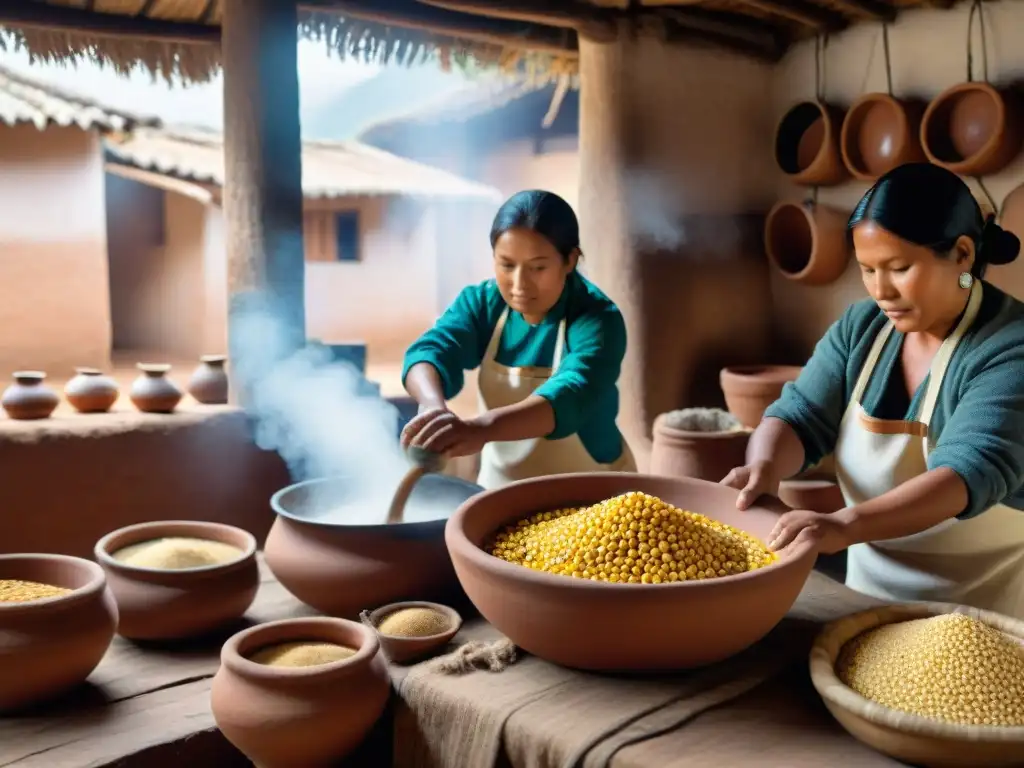 Artistas peruanos preparan chicha de jora en antiguas ollas de barro, mostrando la fermentación en la gastronomía peruana