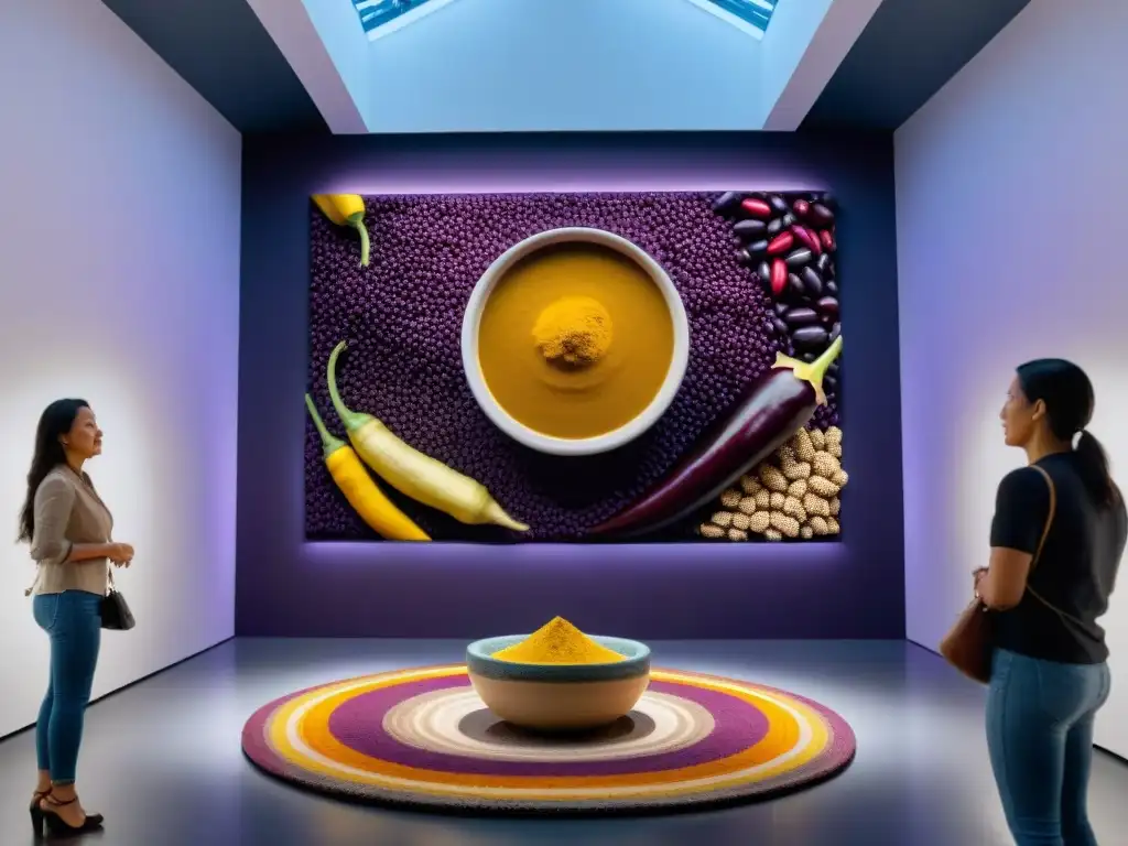 Instalación artística: Fusión de ingredientes peruanos y arte Instalación artística de ingredientes peruanos rodeada de espectadores con expresiones intrigadas