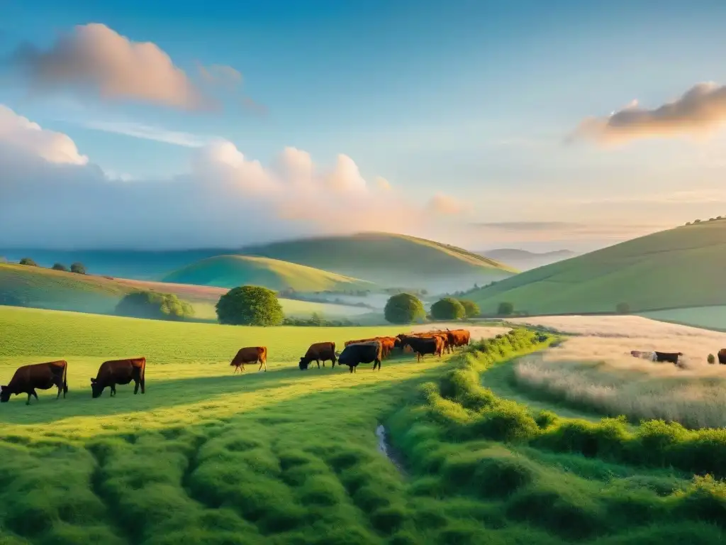 Un atardecer dorado ilumina una exuberante pradera donde la ganadería sostenible en gastronomía cobra vida