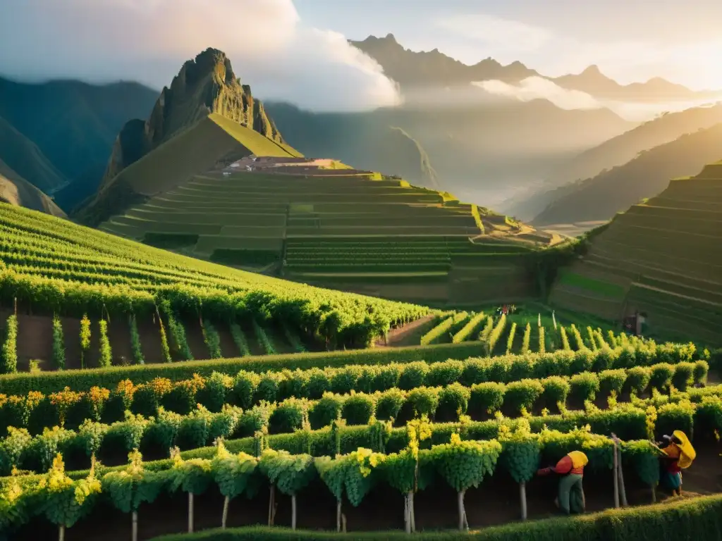 Un atardecer dorado en la Ruta del Pisco en Perú, con viñedos, trabajadores cosechando uvas y una sensación mágica