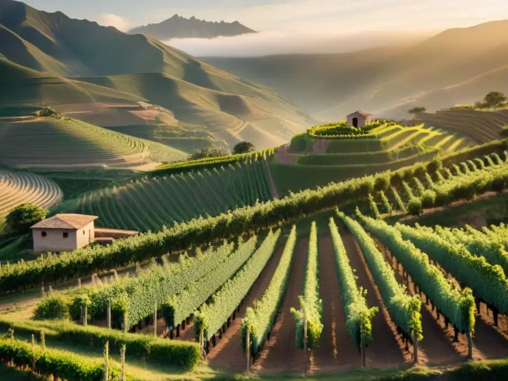 Un atardecer dorado en un viñedo peruano, donde la historia y el futuro del vino se entrelazan con la belleza natural