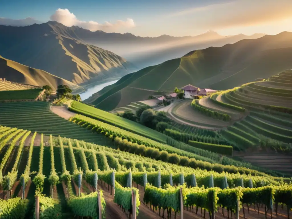 Atardecer dorado sobre viñedos en Perú, destacando la belleza y tradición del Comercio Justo Vino Pisco Perú