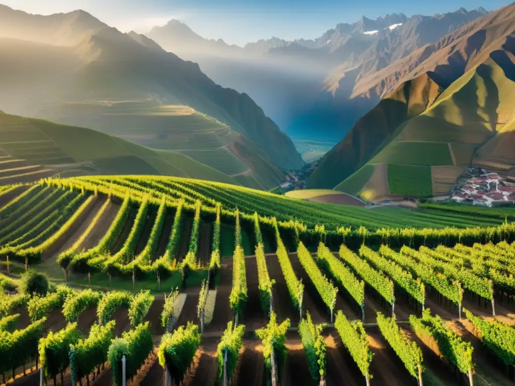 Un atardecer dorado sobre los viñedos exuberantes de la región productora de Pisco en Perú, con los Andes de fondo