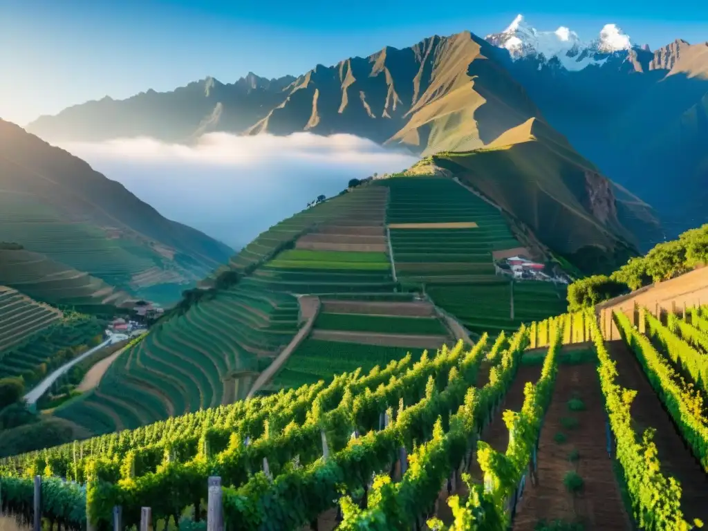 Atardecer dorado sobre los viñedos de la región de Ica en Perú, con los Andes de fondo