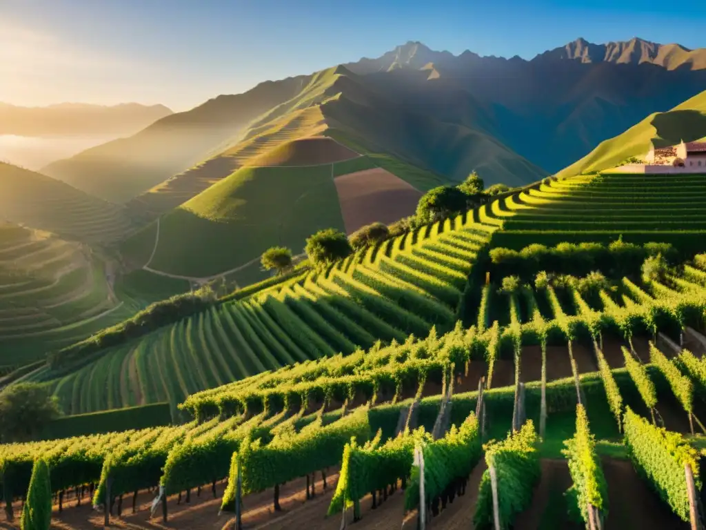 Atardecer dorado sobre viñedos de Perú, donde se cultiva el icónico Pisco