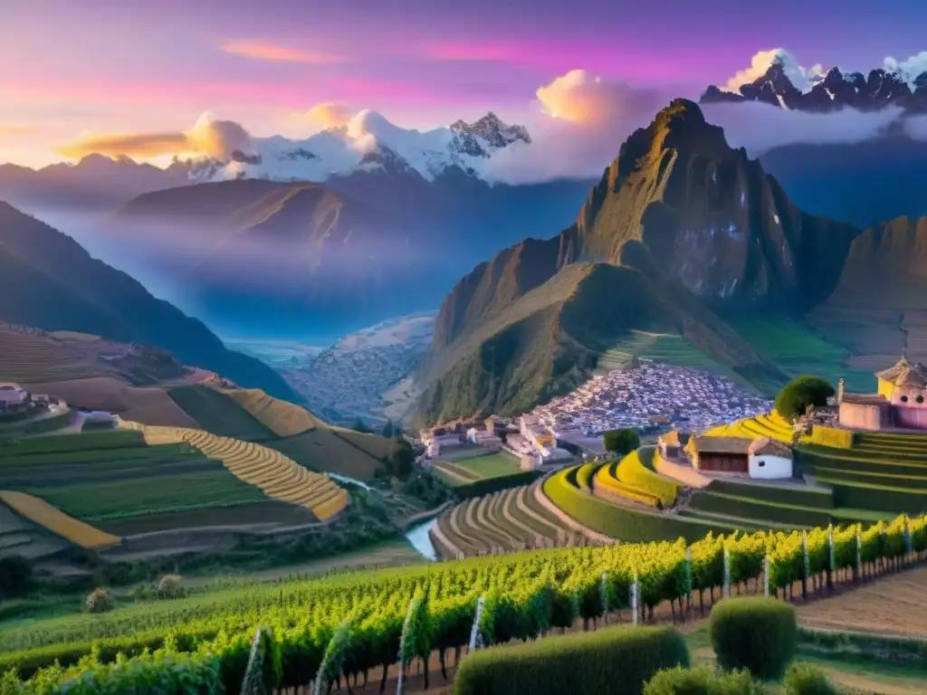 Atardecer dorado sobre viñedos peruanos con siluetas de adobes y los Andes al fondo