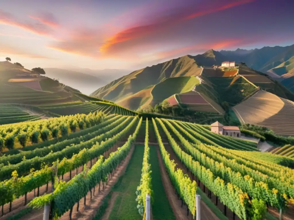 Atardecer dorado sobre viñedos peruanos, creando una experiencia sensorial única con colores vibrantes y cielo dramático