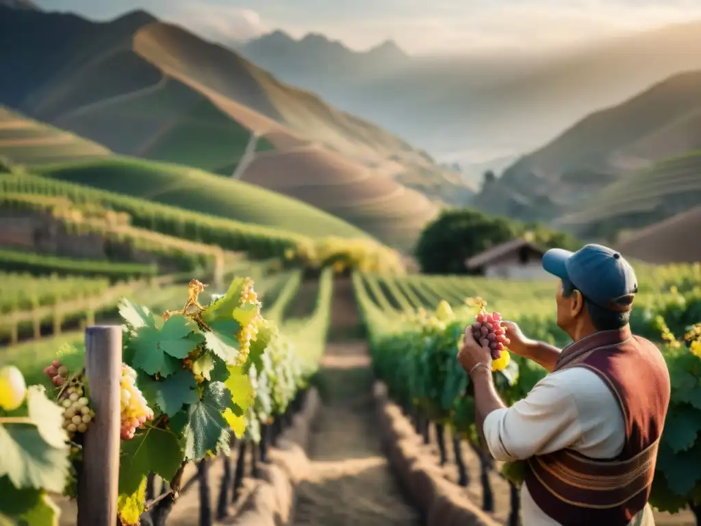 Un atardecer dorado en los viñedos peruanos, con uvas maduras sostenidas por un agricultor