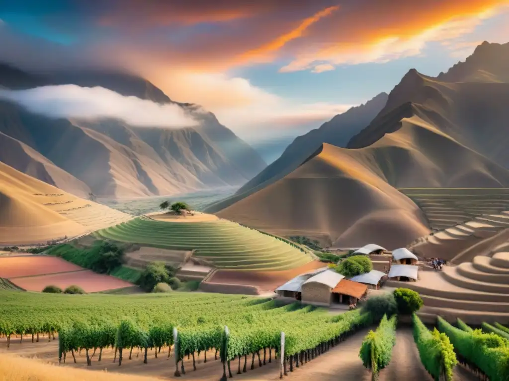 Atardecer dorado sobre viñedos de Pisco en Ica, Perú, con trabajadores y un cóndor