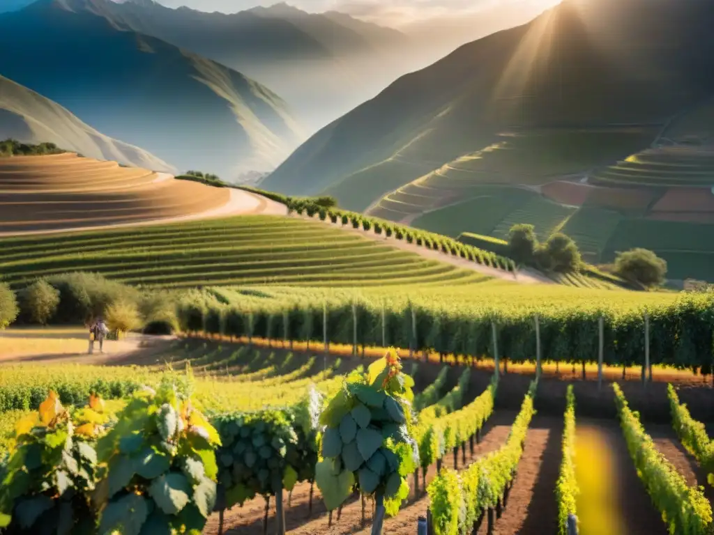 Un atardecer dorado sobre viñedos, con un productor de pisco peruano inspeccionando uvas