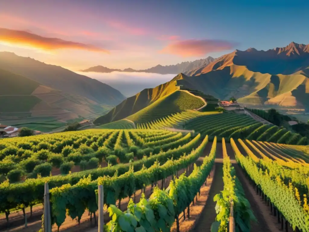 Atardecer dorado sobre viñedos de Perú, cultivando uvas para el Pisco