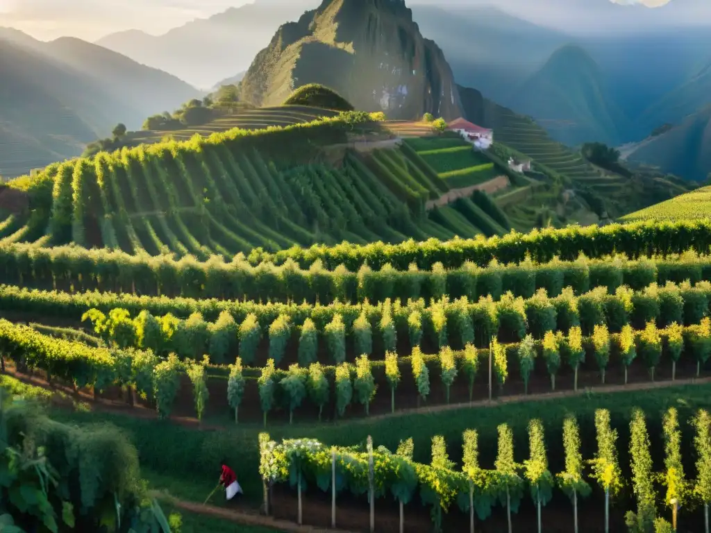 Atardecer dorado sobre viñedos verdes en Pisco, Perú