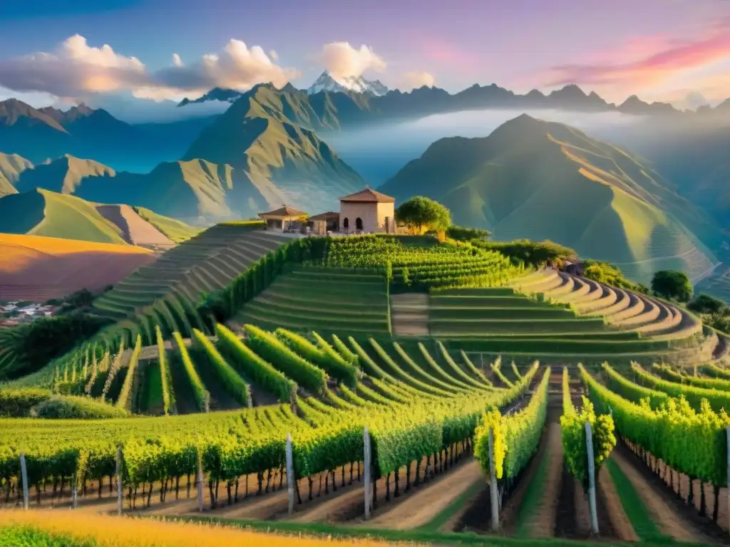 Atardecer mágico en viñedos peruanos con los Andes de fondo