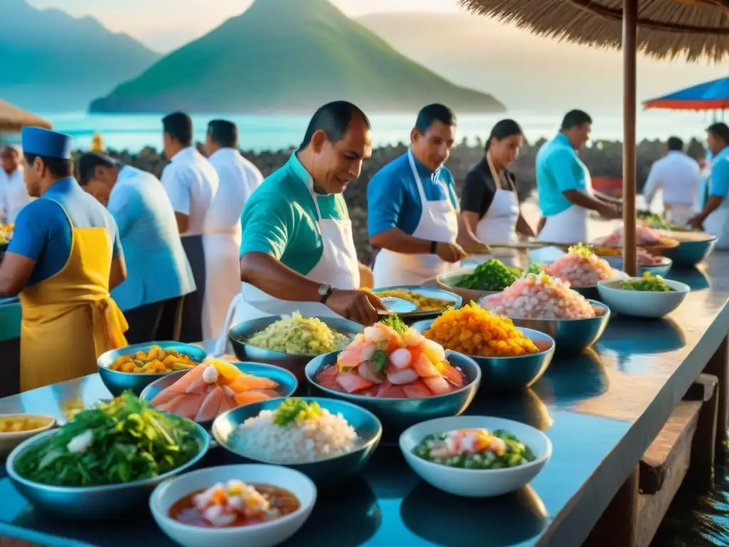 Atardecer en las mejores cevicherías del norte de Perú, donde chefs preparan frescos platos de ceviche en una colorida calle costera