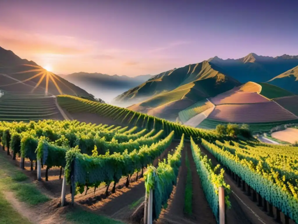 Atardecer en viñedos emblemáticos de Perú, con el sol iluminando el paisaje en tonos cálidos