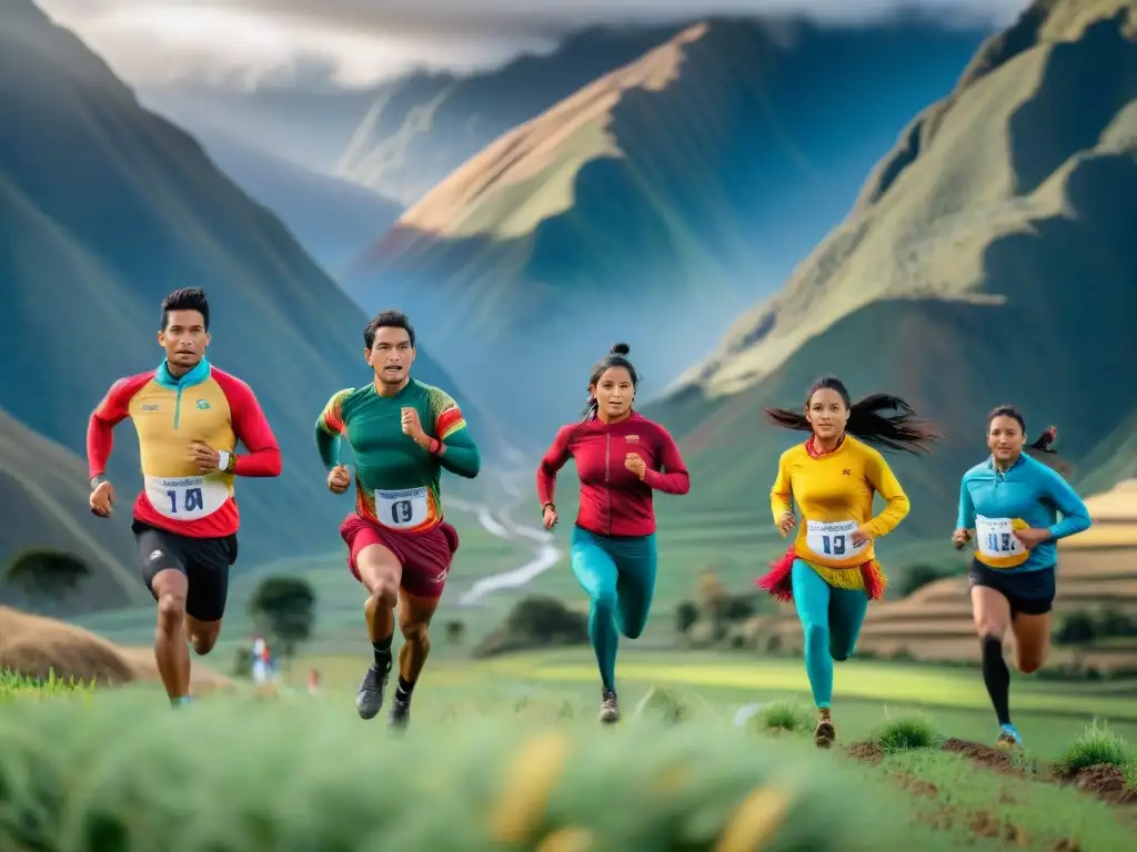 Atletas indígenas peruanos corren al amanecer, rodeados de montañas, valles verdes y cultivos de quinua y maca