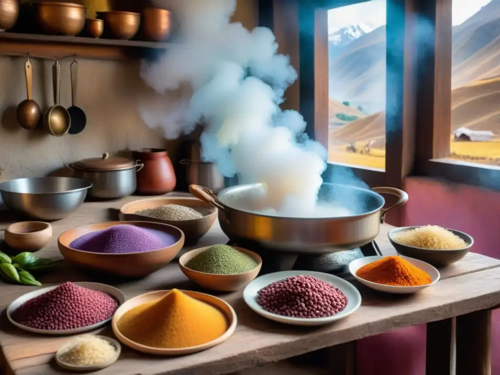 Una atmósfera cálida y acogedora en una cocina peruana de la sierra, con ingredientes vibrantes y un chef preparando un guiso aromático