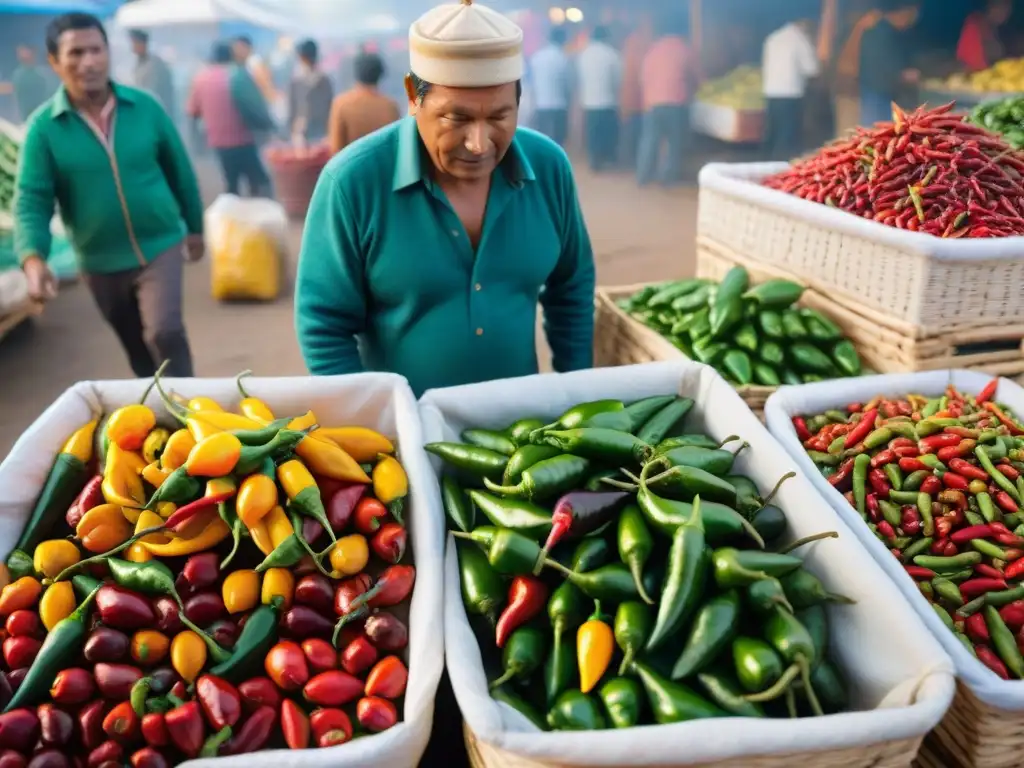 Atmósfera vibrante del mercado peruano con la importancia del ají en Perú