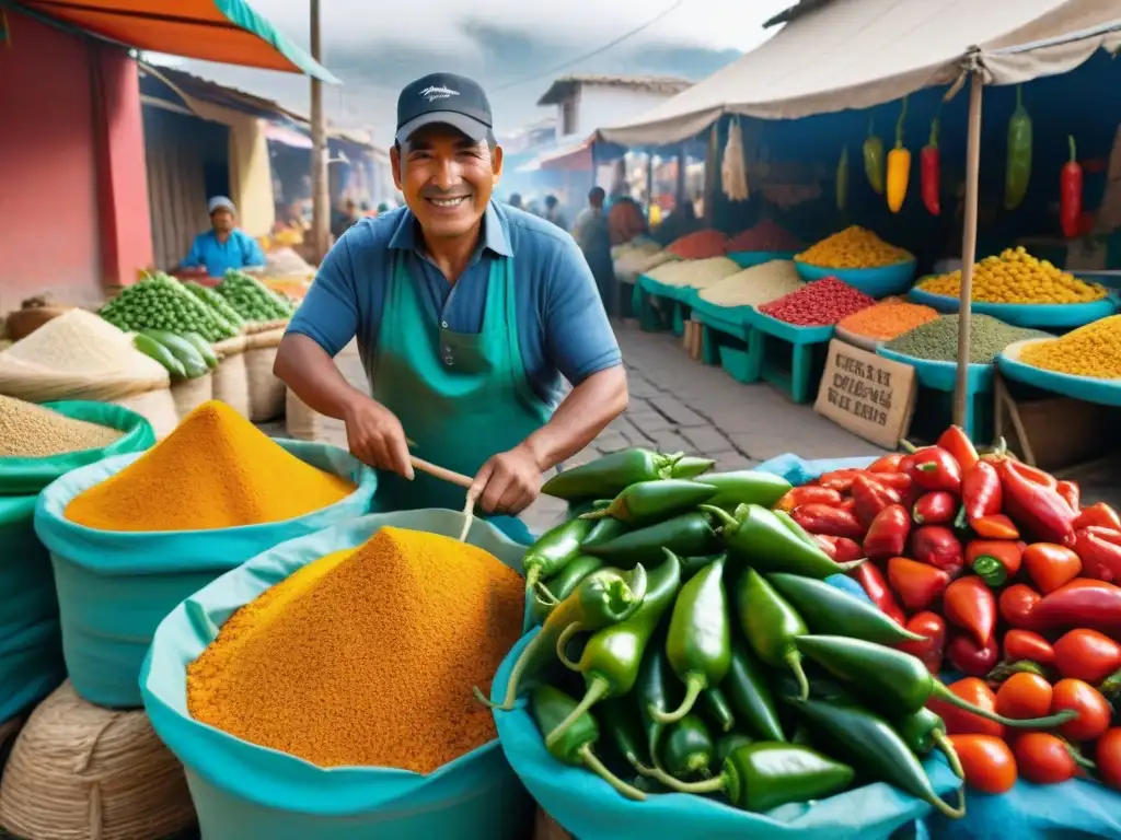 Una atmósfera vibrante en el mercado de Arequipa con rocotos frescos y preparación de receta rocoto relleno Arequipa