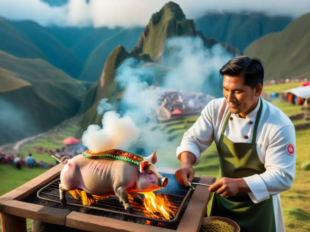 Celebración del 'Chancho al Palo' en festival andino Preparación auténtica de Chancho al Palo gastronomía peruana en festival andino