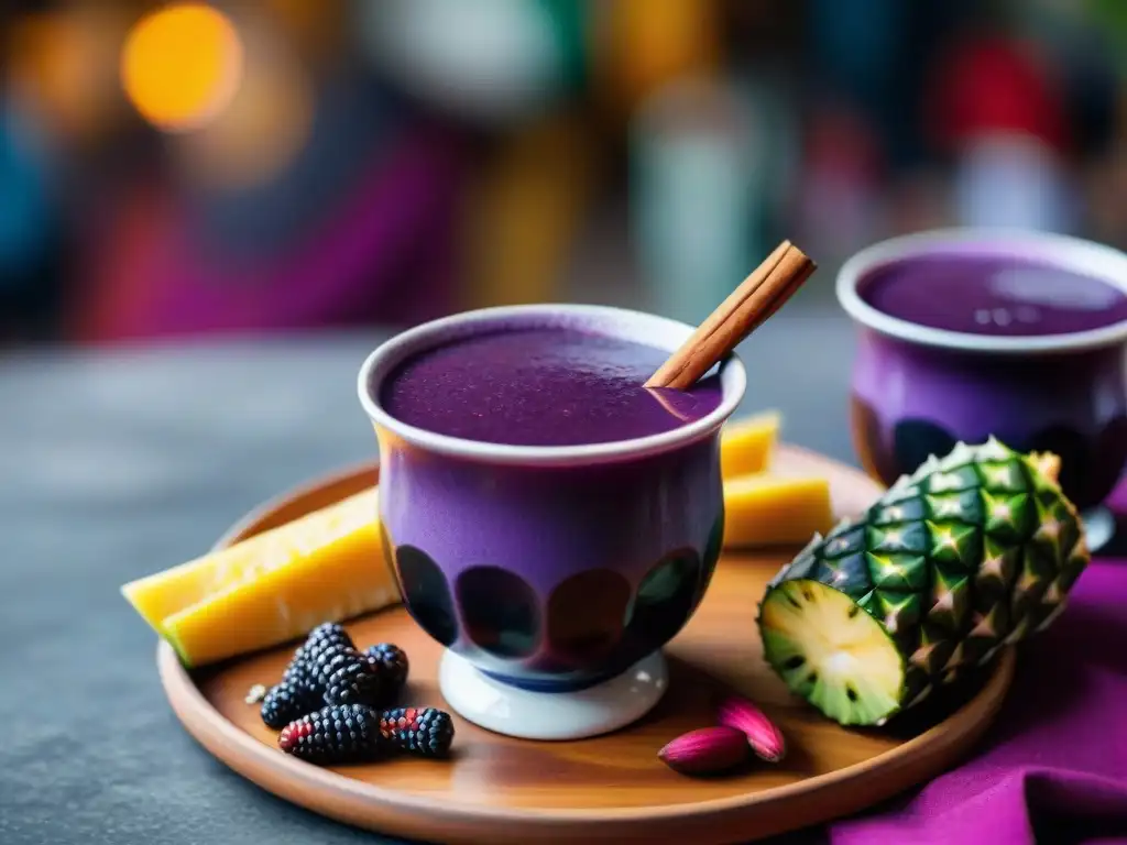 Una representación auténtica y colorida de la chicha morada con propiedades antioxidantes en una taza peruana tradicional