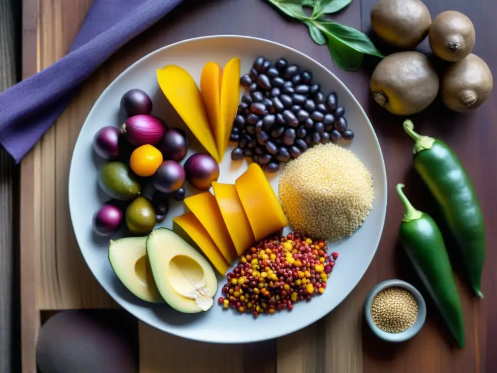 Una representación auténtica y colorida de ingredientes de la cocina peruana autóctona en una mesa de madera rústica