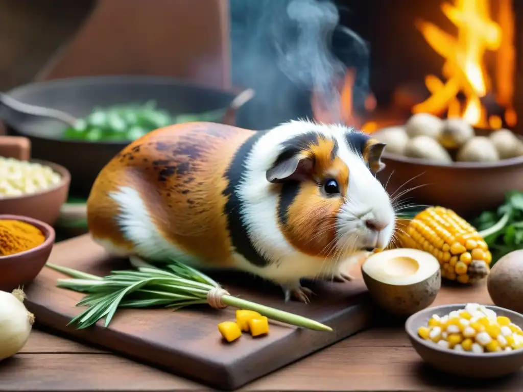 Delicioso cuy asado en horno de barro en cocina peruana Preparación auténtica de cuy crocante perfecto en horno de barro peruano