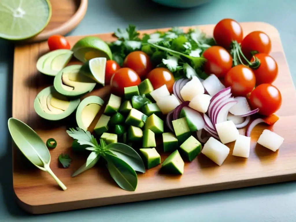 Presentación auténtica de ingredientes autóctonos para ceviche: tomate, cebolla, cilantro, aguacate y pescado marinado, en tabla de madera