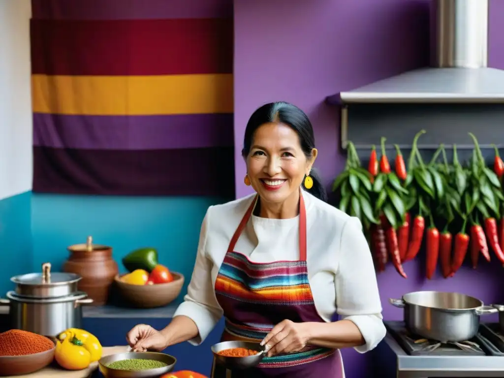 Autor peruano en su cocina, rodeado de ingredientes vibrantes, explicando recetas a seguidores