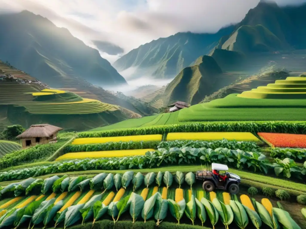 Drones de alta tecnología llevando productos frescos por los cielos de Perú Avanzados drones entregan ingredientes frescos para la cocina peruana sobre campos verdes y montañas nebulosas, fusionando tecnología y naturaleza