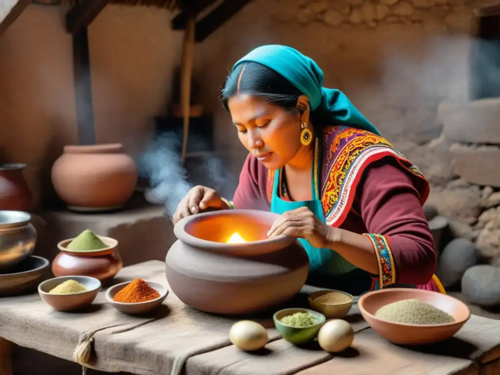 Gastronomía Ayacuchana: Historia y Tradición - Mujer preparando Pachamanca en cocina rústica con utensilios tradicionales