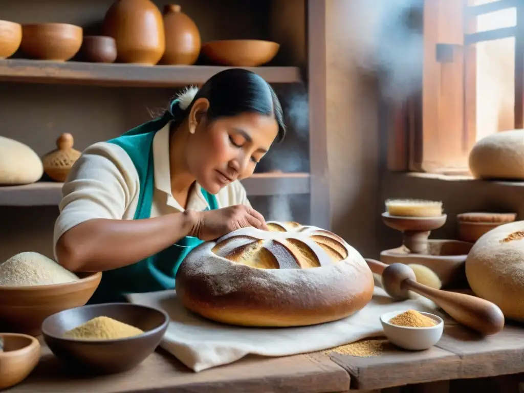 Baker peruano moldeando pan andino con técnicas ancestrales