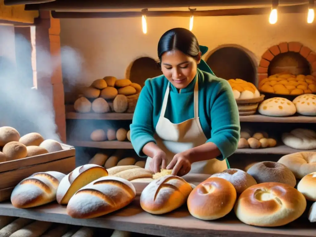 Bakería peruana en los Andes: panaderos indígenas moldeando pan artesanal con destreza, rodeados de tradición andina y coloridas telas