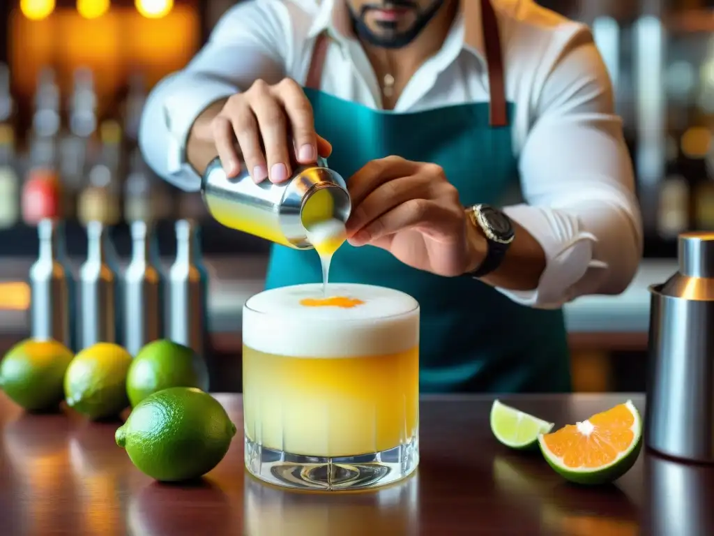 Un bar animado con un bartender preparando un pisco sour peruano, parte de la gastronomía mundial