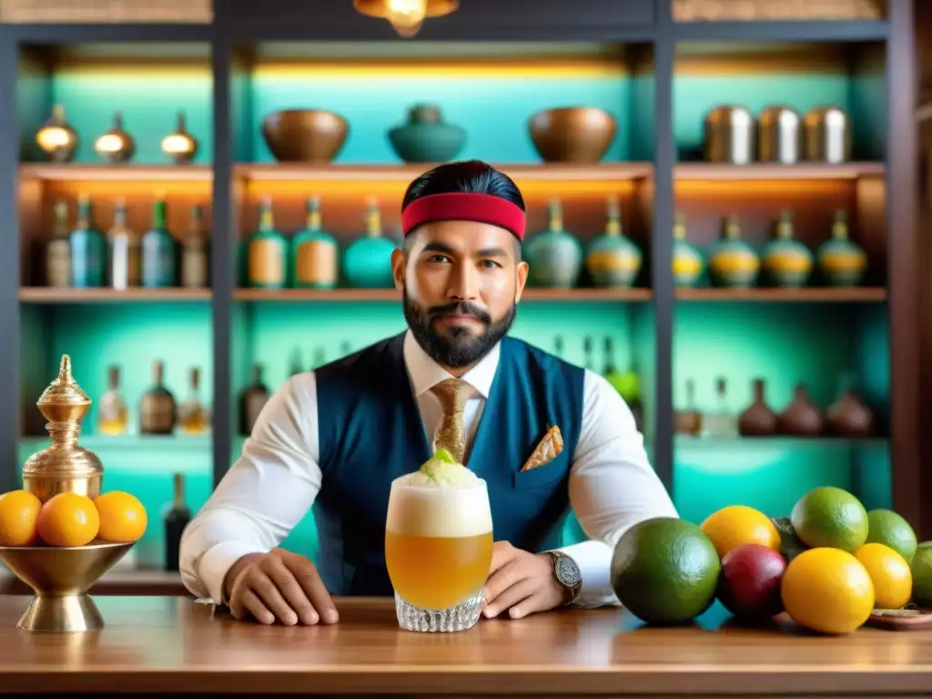 Un bar peruano tradicional con libros de coctelería peruana autóctona, frutas y un bartender preparando un Pisco Sour