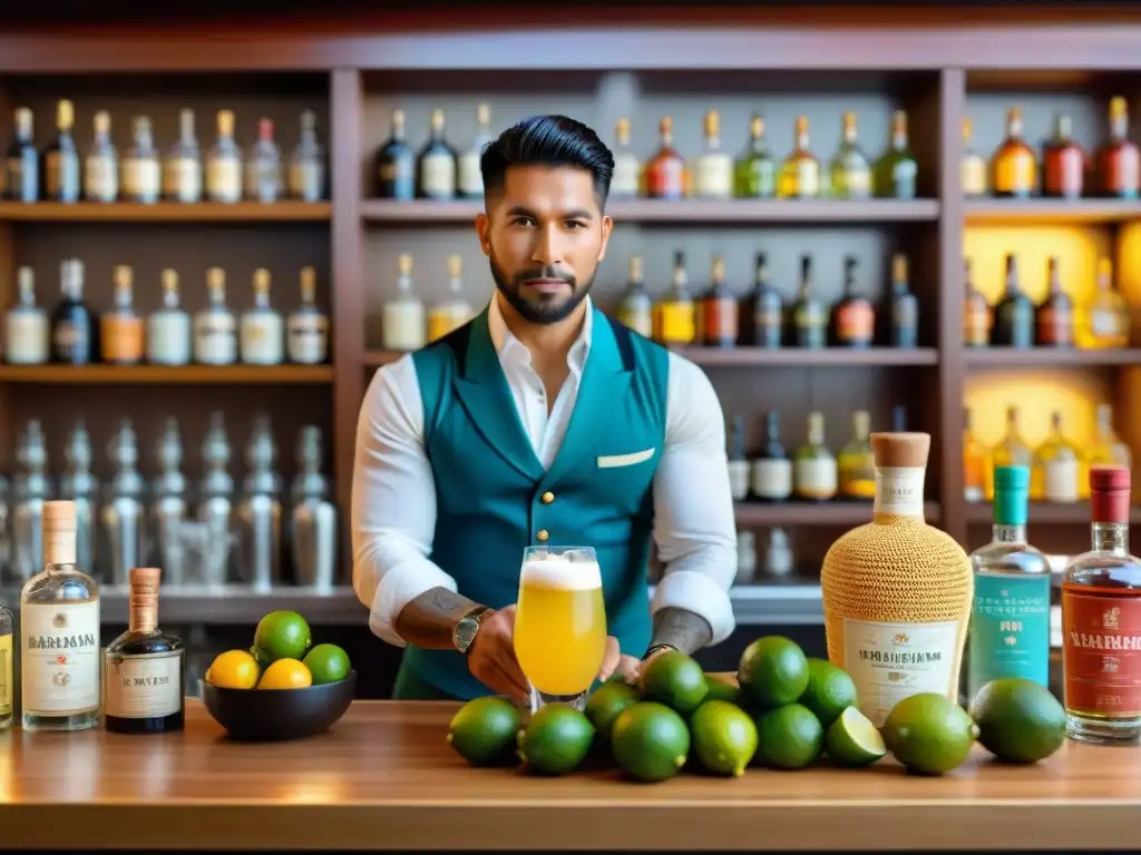 Un bar tradicional peruano con un bartender preparando un Pisco Sour, rodeado de estantes llenos de botellas de pisco y ingredientes locales