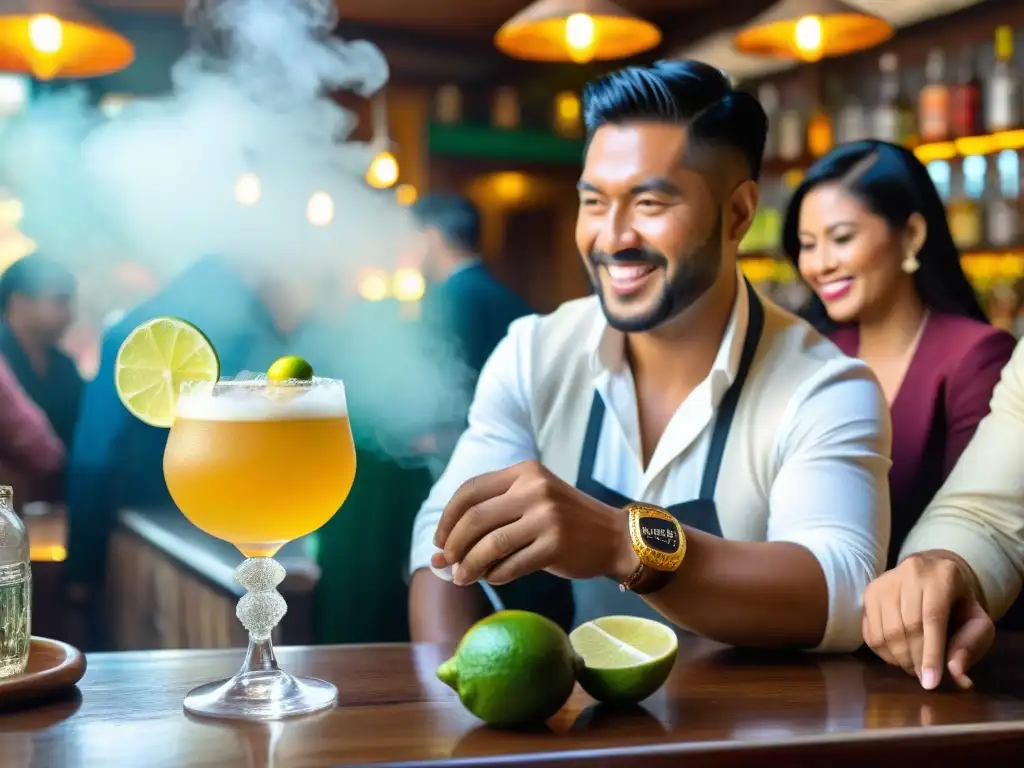 Un bar tradicional peruano bullicioso con una fusión refrescante de pisco y ginger ale, clientes felices y coloridos ingredientes