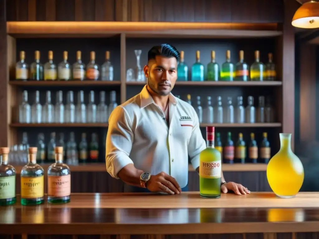 Un bar tradicional peruano con un experto bartender preparando un Chilcano de Pisco, resaltando la esencia del proceso de coctelería peruana